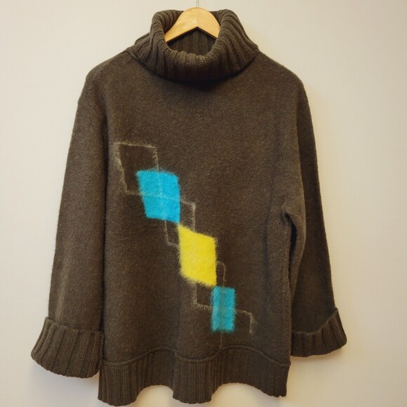 DKNY Wool Size 2 Brown Abstract Patern Women Turtleneck Sweater - Picture 2 of 8